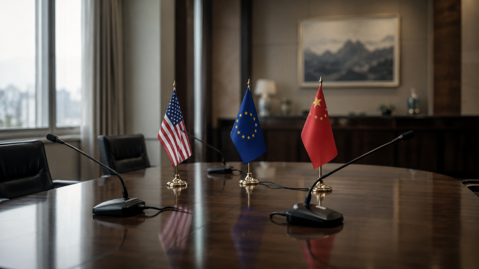Sala riunioni istituzionale vuota con tavolo ovale in legno scuro lucido, tre microfoni da conferenza e bandierine di Stati Uniti, Unione Europea e Cina disposte al centro.