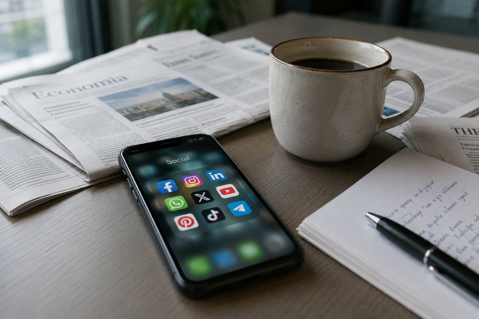 Smartphone su una scrivania d’ufficio con icone di social network sullo schermo, accanto a una tazza di caffè, giornali e appunti, illuminati dalla luce naturale proveniente da una finestra laterale