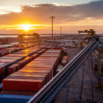Terminal doganale europeo al tramonto con file di container colorati e nastri trasportatori illuminati dalla luce calda del sole.