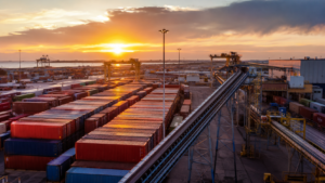 Terminal doganale europeo al tramonto con file di container colorati e nastri trasportatori illuminati dalla luce calda del sole.