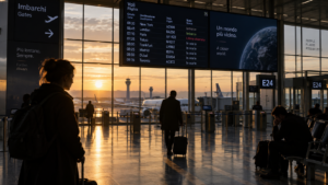 Aeroporto internazionale all’alba, con passeggeri nell’area imbarchi, tabelloni dei voli e aerei visibili dalle grandi vetrate, illuminati dalla luce del sole nascente.