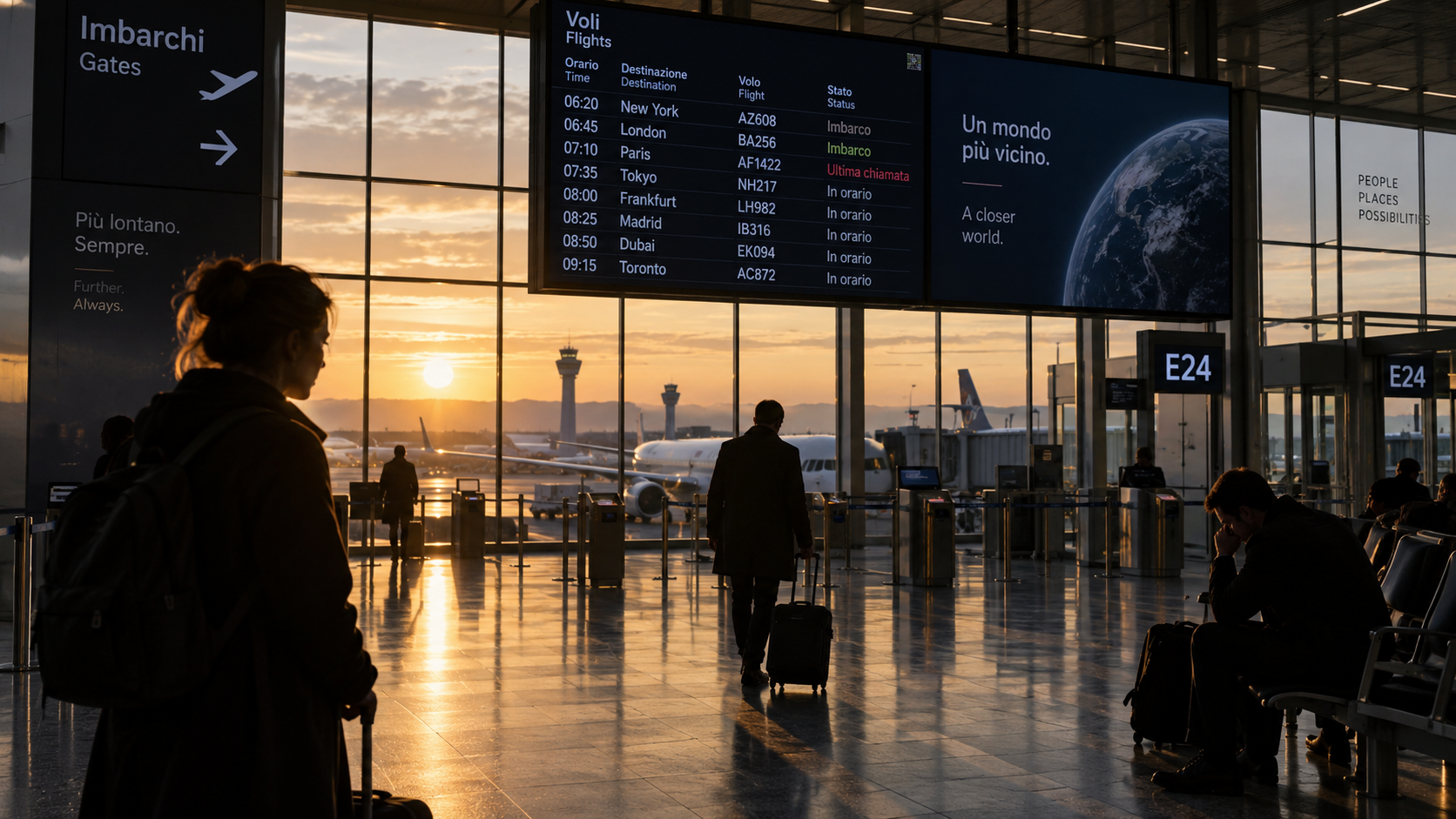 Aeroporto internazionale all’alba, con passeggeri nell’area imbarchi, tabelloni dei voli e aerei visibili dalle grandi vetrate, illuminati dalla luce del sole nascente.