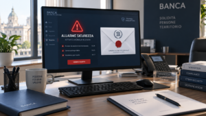 Scrivania di un ufficio bancario con monitor che mostra un allarme di sicurezza informatica e una comunicazione digitale con sigillo istituzionale, in un ambiente professionale illuminato dalla luce naturale.