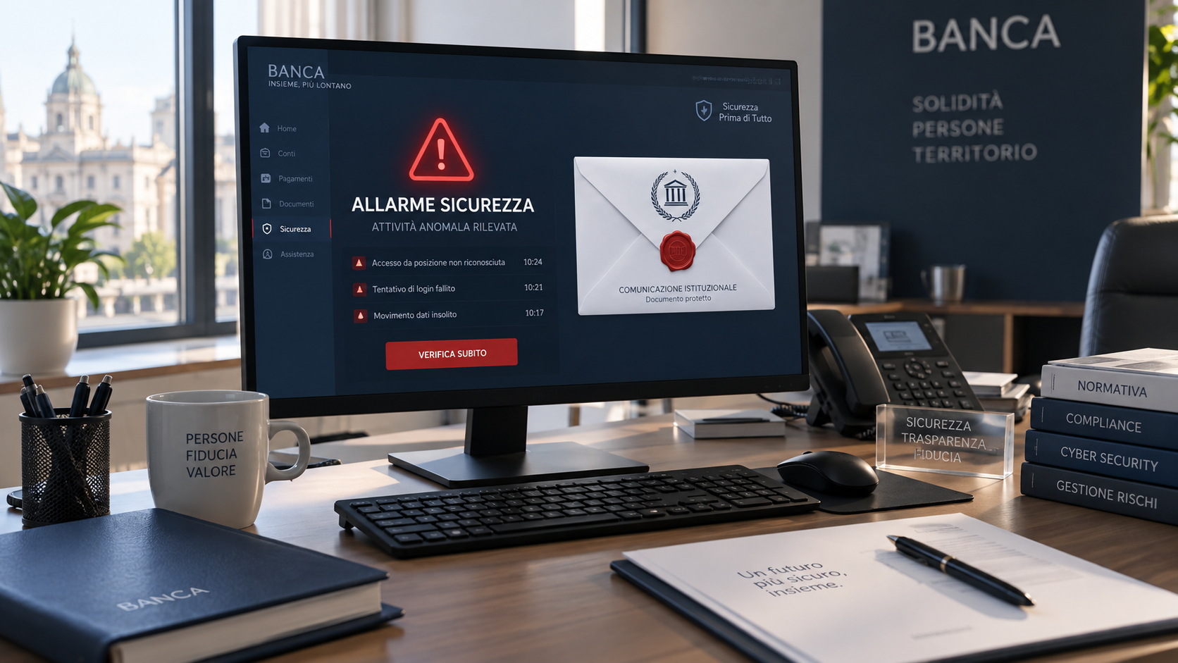 Scrivania di un ufficio bancario con monitor che mostra un allarme di sicurezza informatica e una comunicazione digitale con sigillo istituzionale, in un ambiente professionale illuminato dalla luce naturale.