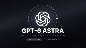 Illustrazione tecnologica in formato 16:9 con logo OpenAI al centro, cerchi concentrici su sfondo scuro e la scritta “GPT-6 Astra – Welcome to the AGI Era”, con riferimenti ad ARC-AGI-3 e computer use.