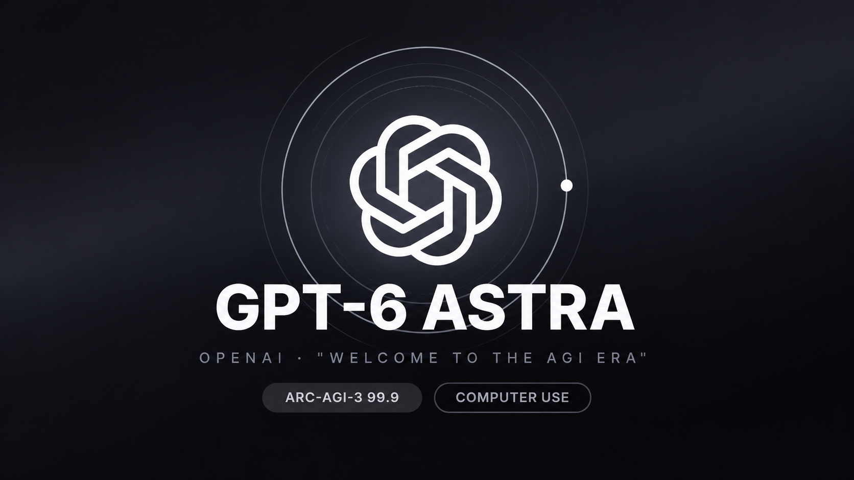 Illustrazione tecnologica in formato 16:9 con logo OpenAI al centro, cerchi concentrici su sfondo scuro e la scritta “GPT-6 Astra – Welcome to the AGI Era”, con riferimenti ad ARC-AGI-3 e computer use.