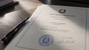 Primo piano di un documento ufficiale della Repubblica Italiana con timbro istituzionale, appoggiato su una scrivania in legno accanto a una penna stilografica, illuminato da luce naturale laterale.