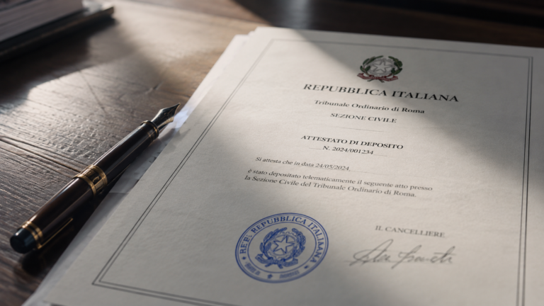 Primo piano di un documento ufficiale della Repubblica Italiana con timbro istituzionale, appoggiato su una scrivania in legno accanto a una penna stilografica, illuminato da luce naturale laterale.