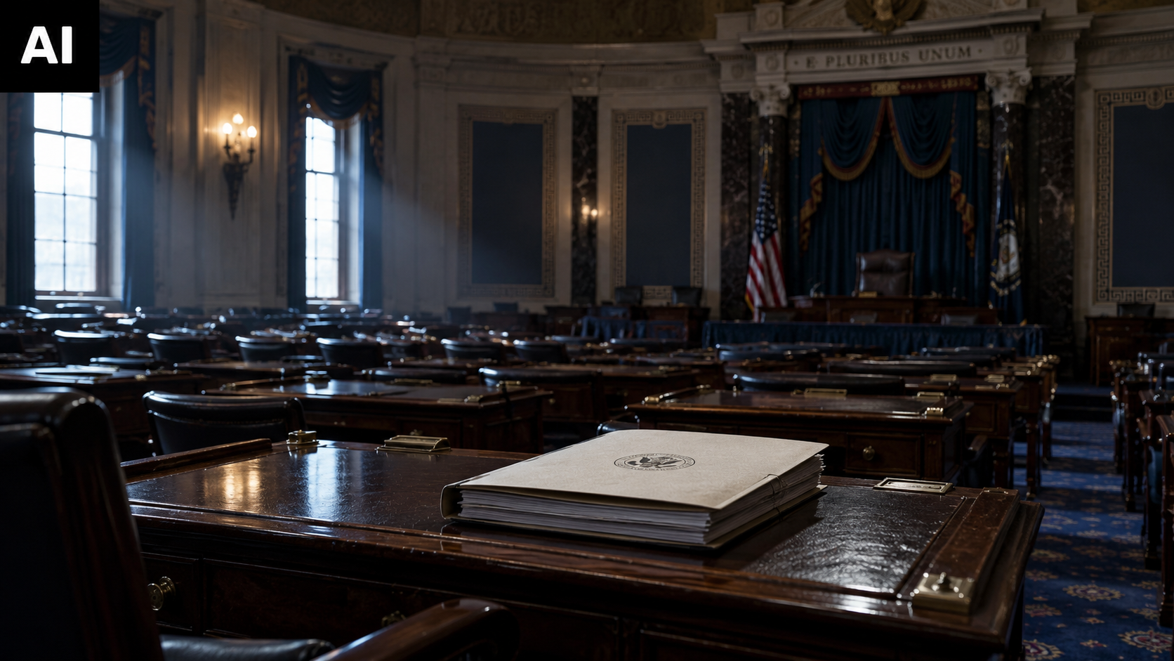Aula del Senato americano vuota, con file di banchi in legno e un faldone di documenti in primo piano, illuminata dalla luce delle finestre laterali.
