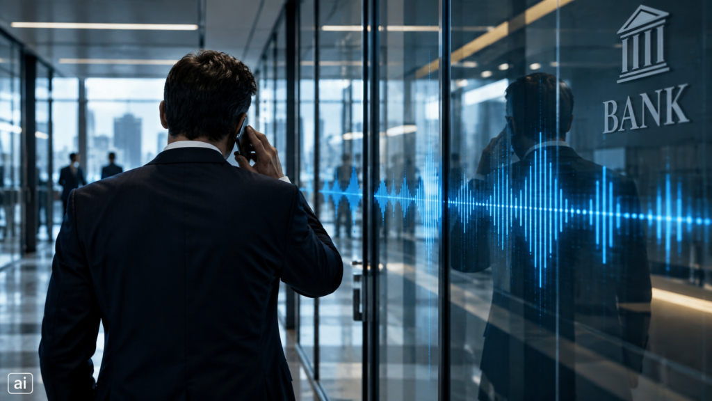 Uomo in giacca e cravatta, ripreso di spalle, parla al telefono in un moderno corridoio vetrato di una sede bancaria. Sul vetro si riflette una forma d’onda audio digitale blu,