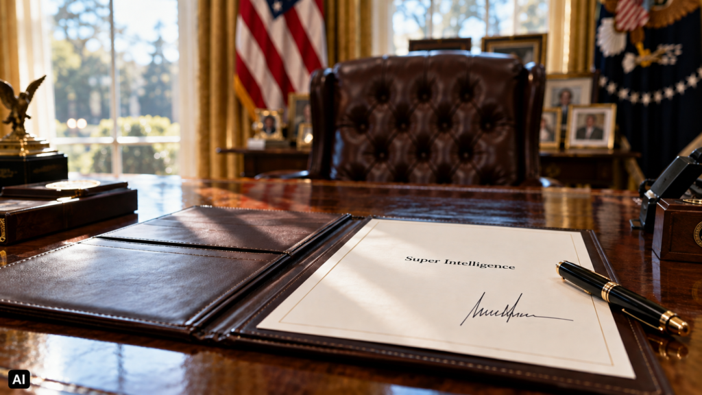 Fotografia realistica di un ufficio presidenziale in stile Casa Bianca, con una scrivania in legno scuro su cui è aperta una cartella contenente un documento firmato con la scritta “Super Intelligence” e una penna stilografic