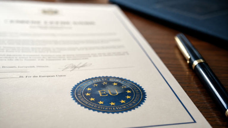 Dettaglio ravvicinato di un documento ufficiale dell’Unione Europea con sigillo blu e stelle dorate, appoggiato su una scrivania in legno accanto a una penna