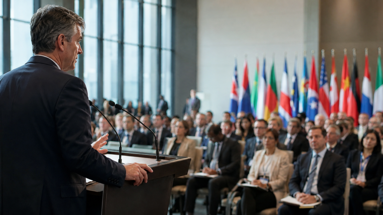 Uomo in giacca scura parla da un podio davanti a una platea di delegati, con bandiere internazionali sullo sfondo in una moderna sala conferenze.