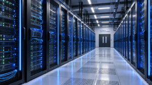 "Modern data center server room with rows of illuminated racks, blue and white LED accents, wide angle, photorealistic, 16:9" Non sono riuscito a generare l'immagine a causa di un errore da parte mia. riprova Modifica testo alternativo per la foto Sala server di un moderno data center con file di rack illuminati da LED blu e bianchi, ripresa grandangolare.