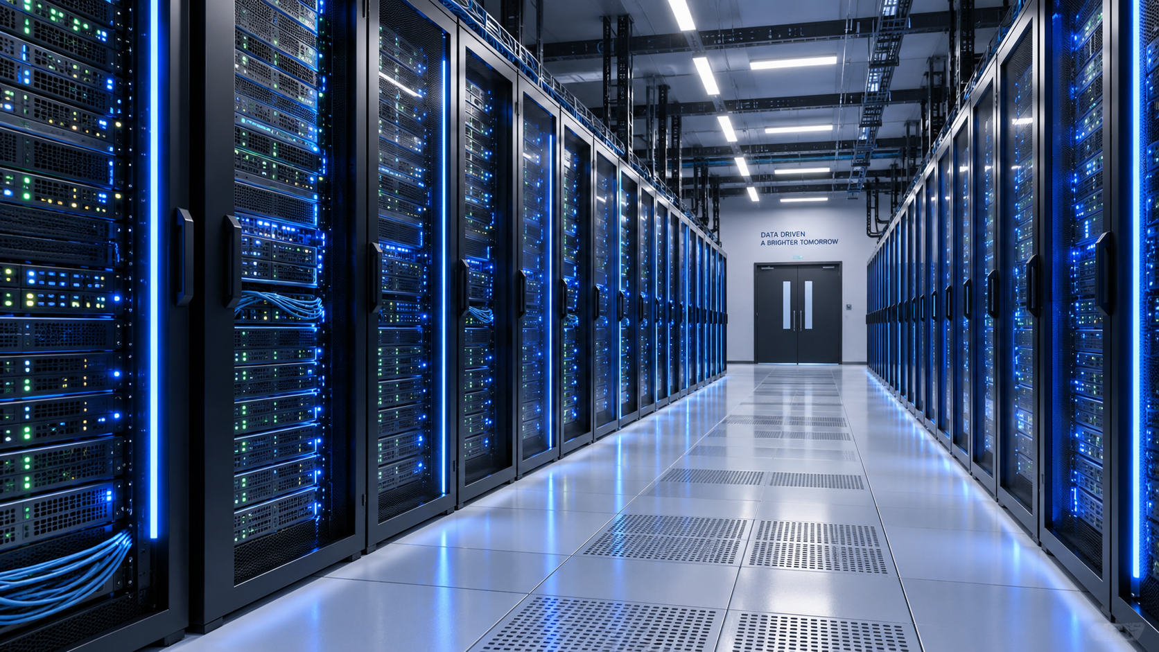 "Modern data center server room with rows of illuminated racks, blue and white LED accents, wide angle, photorealistic, 16:9" Non sono riuscito a generare l'immagine a causa di un errore da parte mia. riprova Modifica testo alternativo per la foto Sala server di un moderno data center con file di rack illuminati da LED blu e bianchi, ripresa grandangolare.