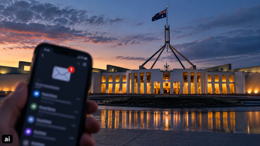 Edificio governativo moderno a Canberra illuminato al crepuscolo, con bandiera australiana sulla sommità. In primo piano, uno smartphone sfocato mostra una notifica email in arrivo, in un’atmosfera dai toni blu e arancio