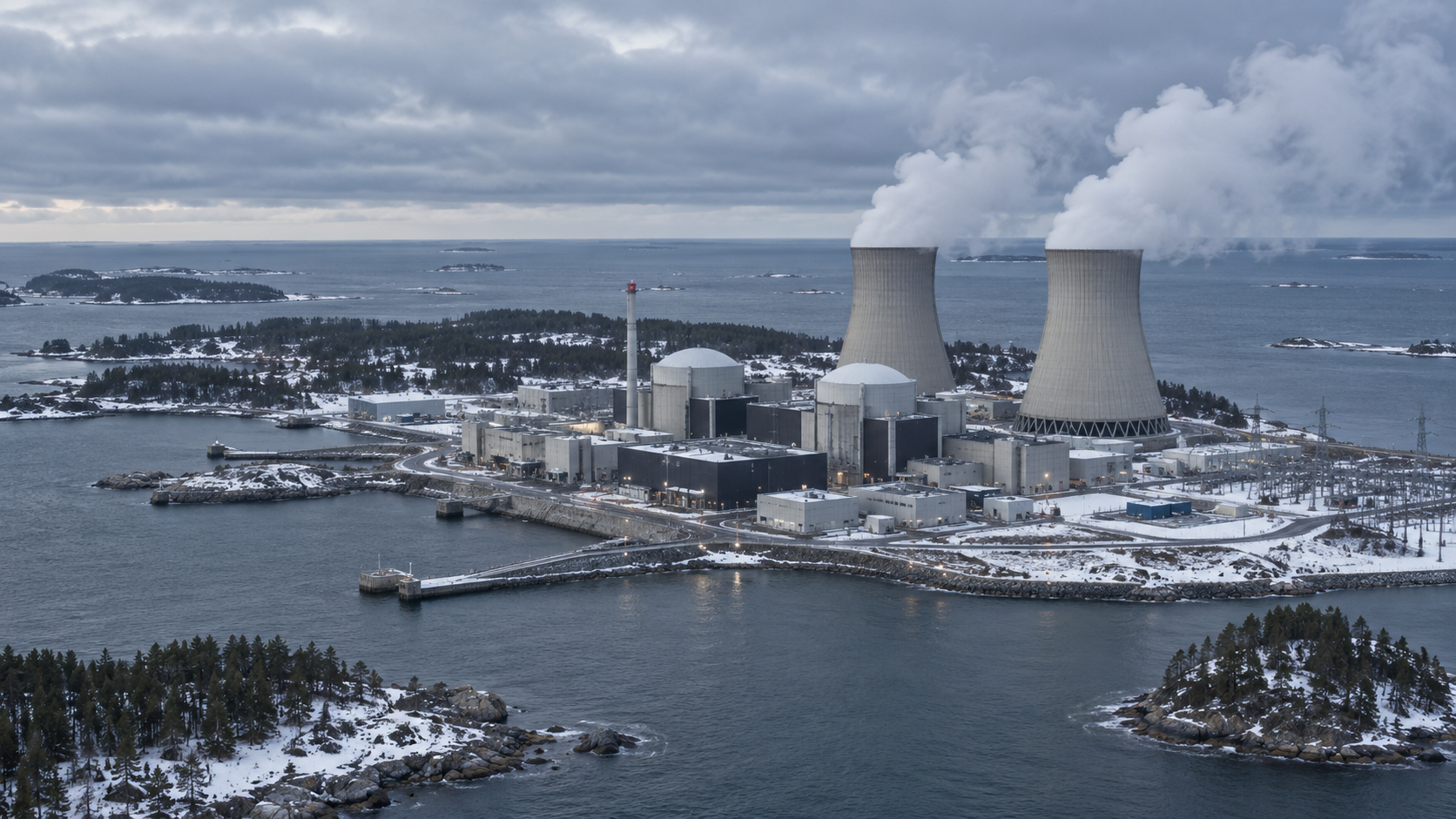 Vista aerea di una centrale nucleare costiera in un paesaggio nordico innevato, con torri di raffreddamento, vapore, mare e cielo nuvoloso.