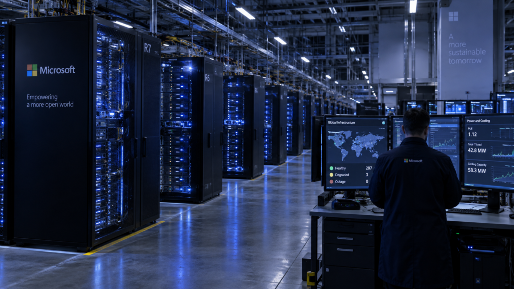 Tecnico al lavoro nella sala di controllo di un data center Microsoft, con server illuminati e sistemi di monitoraggio, in un ambiente tecnologico notturno.