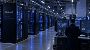 Tecnico al lavoro nella sala di controllo di un data center Microsoft, con server illuminati e sistemi di monitoraggio, in un ambiente tecnologico notturno.