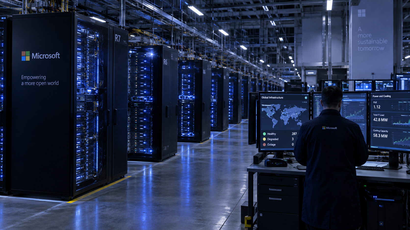 Tecnico al lavoro nella sala di controllo di un data center Microsoft, con server illuminati e sistemi di monitoraggio, in un ambiente tecnologico notturno.