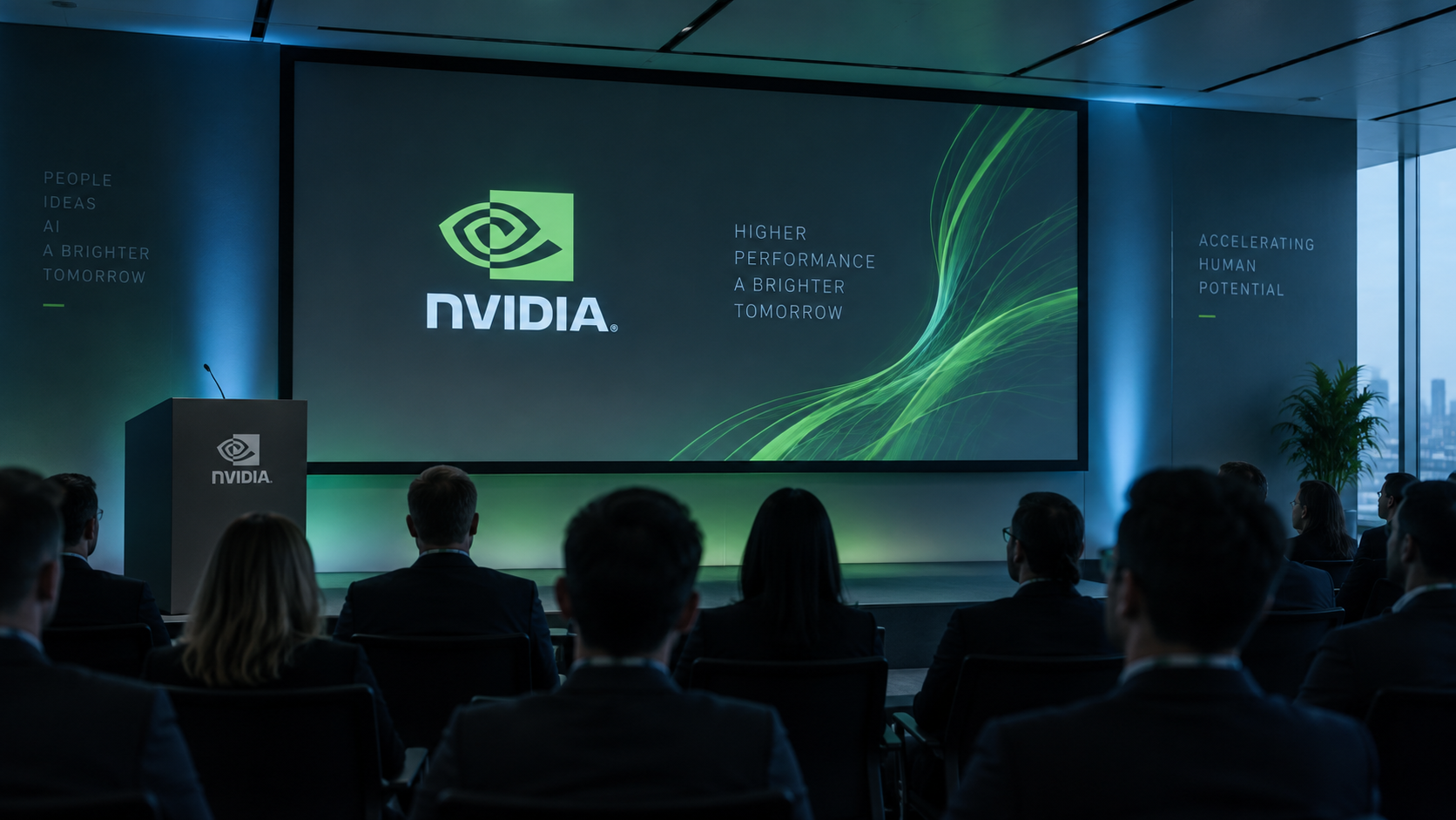 Sala conferenze aziendale moderna con pubblico seduto davanti a un grande schermo che mostra il logo Nvidia, illuminata da luci fredde blu e verdi.