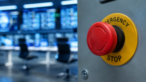 Primo piano di un pulsante rosso di arresto d’emergenza su un pannello metallico, con sala di controllo tecnologica e monitor sfocati sullo sfondo