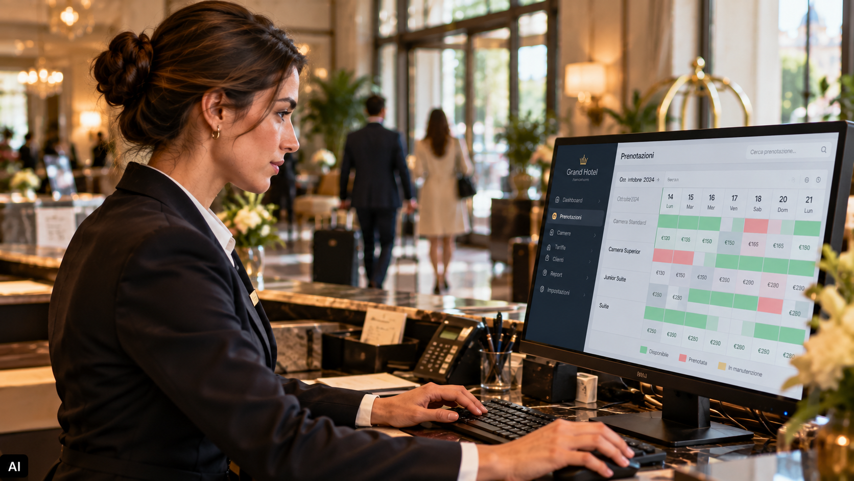 Receptionist di un hotel europeo controlla tariffe e disponibilità delle camere su un monitor con sistema di gestione delle prenotazioni, nella hall moderna e luminosa dell’albergo.
