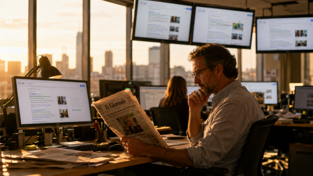 Giornalista al lavoro in una redazione al tramonto, con monitor che mostrano risultati di ricerca e luce naturale proveniente dalle grandi vetrate.