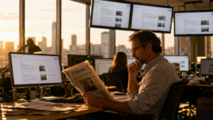 Giornalista al lavoro in una redazione al tramonto, con monitor che mostrano risultati di ricerca e luce naturale proveniente dalle grandi vetrate.