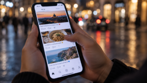 Primo piano di uno smartphone tra le mani con un feed social in scorrimento, sullo sfondo luci urbane serali sfocate