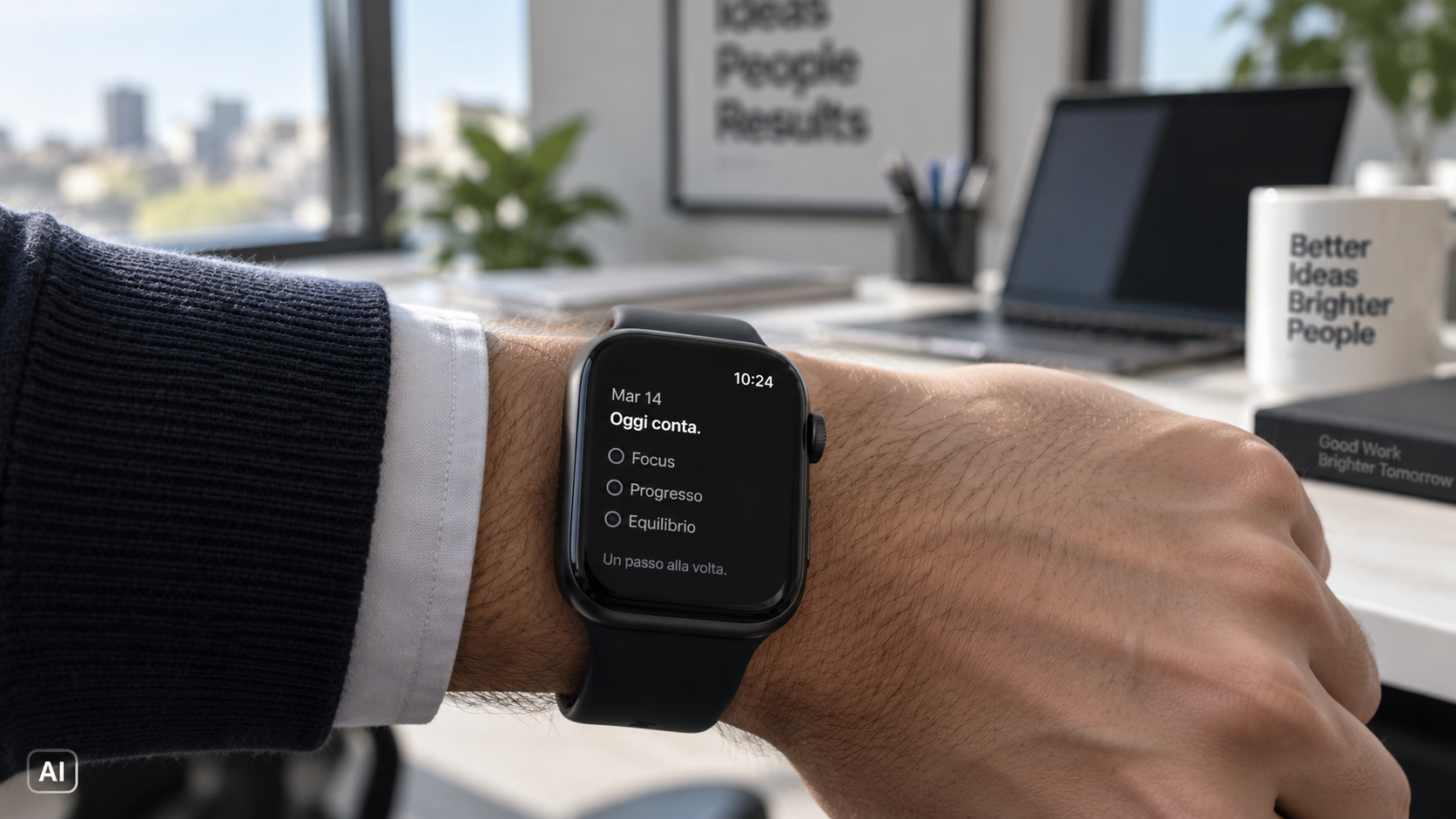 Primo piano di uno smartwatch al polso di una persona in un ufficio moderno, con interfaccia testuale sullo schermo, luce naturale e sfondo sfocato.
