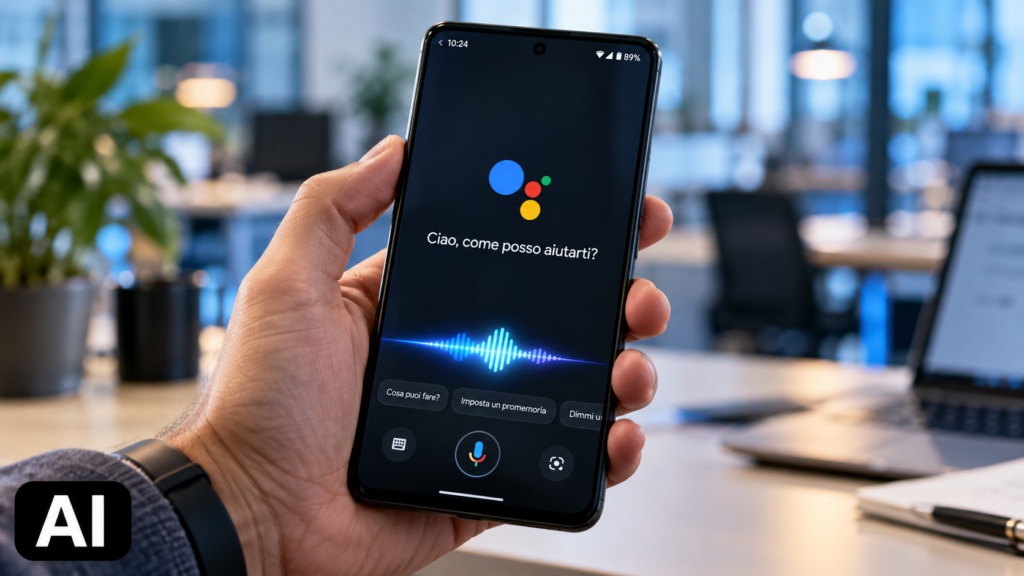 testo alternativo Primo piano di una mano che tiene uno smartphone Android con assistente vocale attivo sullo schermo, sullo sfondo sfocato un moderno ambiente d’ufficio