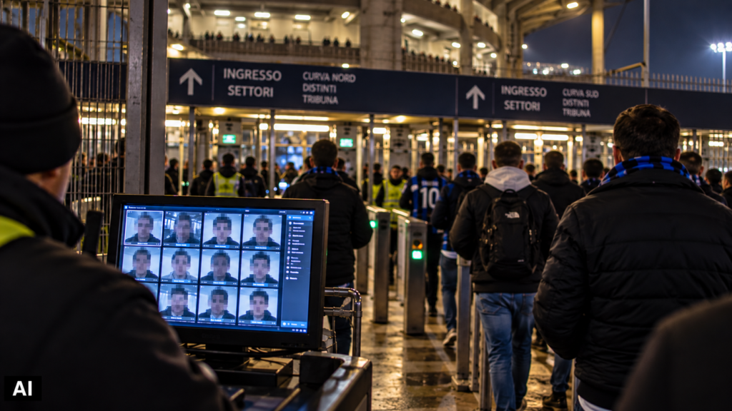testo alternativo Ingresso serale di uno stadio italiano con tifosi in coda ai tornelli. In primo piano, un monitor di sicurezza mostra una griglia di volti pixelati e irriconoscibili