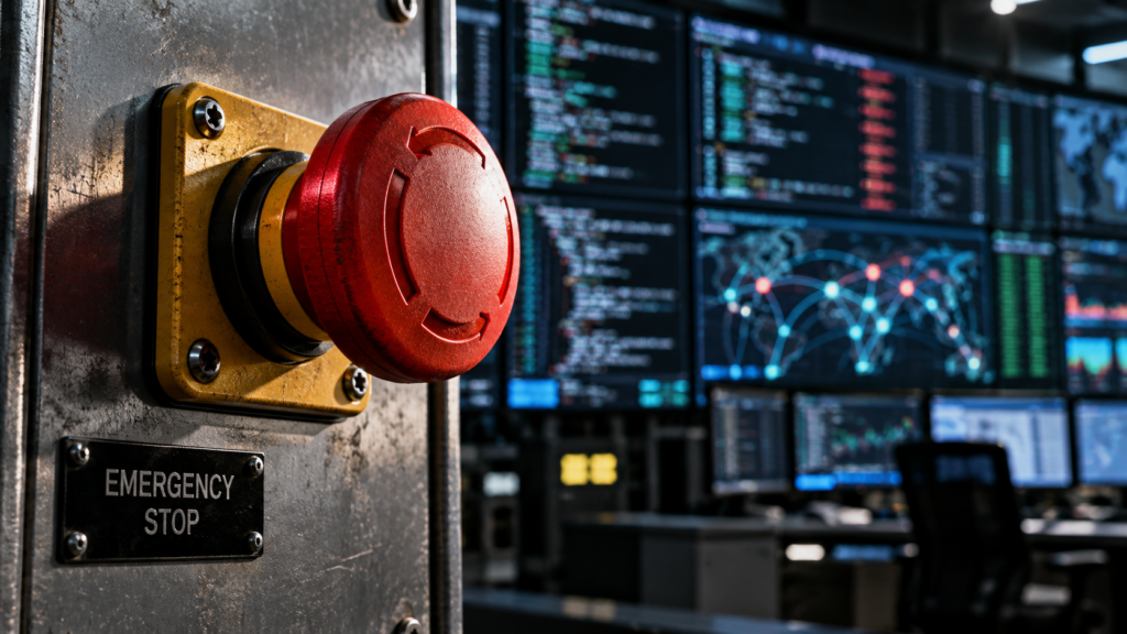 Pulsante rosso di arresto di emergenza industriale montato su un pannello metallico, con sullo sfondo sfocato una parete di monitor che mostra codice, grafici e connessioni di rete