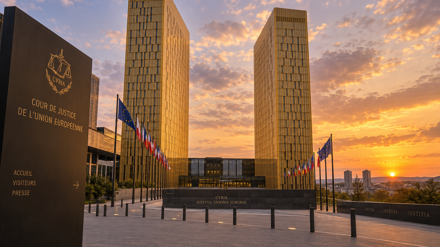 Facciata della Corte di giustizia dell’Unione europea a Lussemburgo, con le due torri dorate illuminate dalla luce del tramonto e le bandiere europee davanti all’edificio.