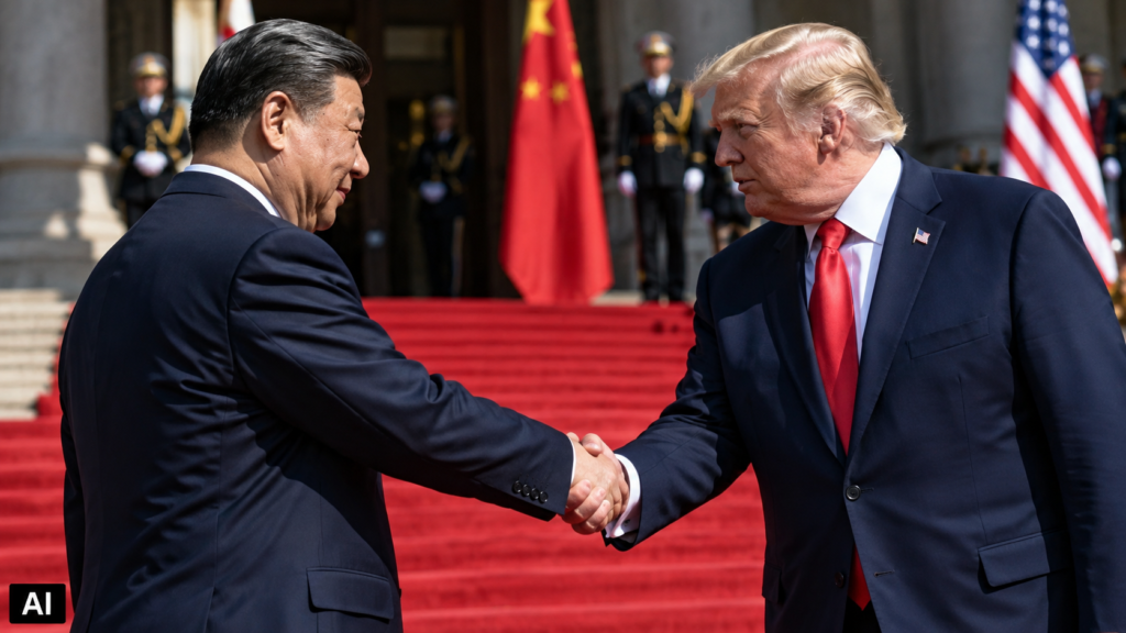 Stretta di mano tra Donald Trump e Xi Jinping durante un incontro istituzionale, con tappeto rosso, bandiere di Stati Uniti e Cina e guardie d’onore sullo sfondo. Immagine elaborata con intelligenza artificiale.
