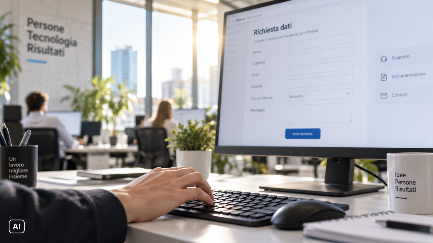 Mano che digita su una tastiera in un moderno ufficio open space, davanti a un monitor con un modulo di richiesta dati, illuminato dalla luce naturale di una grande finestra.