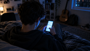 Adolescente di spalle in una stanza domestica in penombra mentre guarda lo smartphone, illuminato dalla luce blu dello schermo su Meta in un’atmosfera serale.