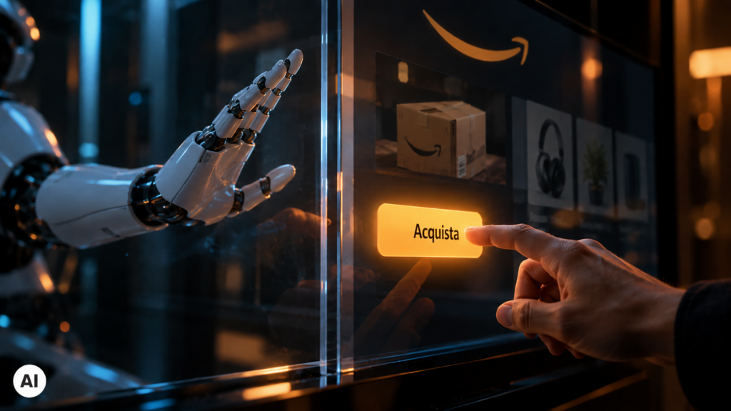 Mano umana e mano robotica bianca separate da una barriera di vetro mentre raggiungono il pulsante “Acquista” su un’interfaccia e-commerce con logo Amazon.