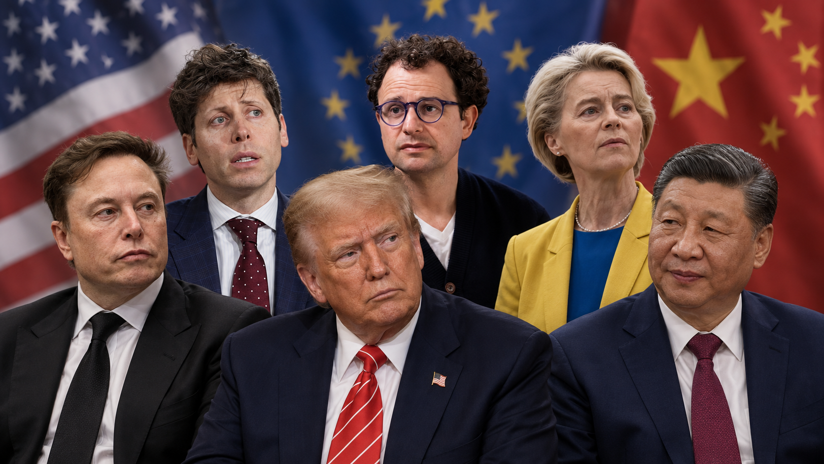 Collage fotografico con Dario Amodei, Sam Altman, Elon Musk, Donald Trump, Ursula von der Leyen e Xi Jinping davanti alle bandiere di Stati Uniti, Unione europea e Cina.