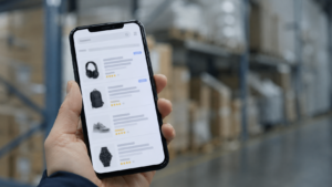 Smartphone con risultati sponsorizzati di un marketplace, sullo sfondo di un magazzino logistico sfocato.