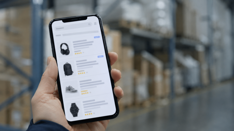 Smartphone con risultati sponsorizzati di un marketplace, sullo sfondo di un magazzino logistico sfocato.