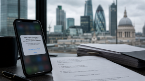Smartphone con finestra di consenso al tracciamento delle app su scrivania con documenti legali, sullo sfondo skyline di Londra sfocato