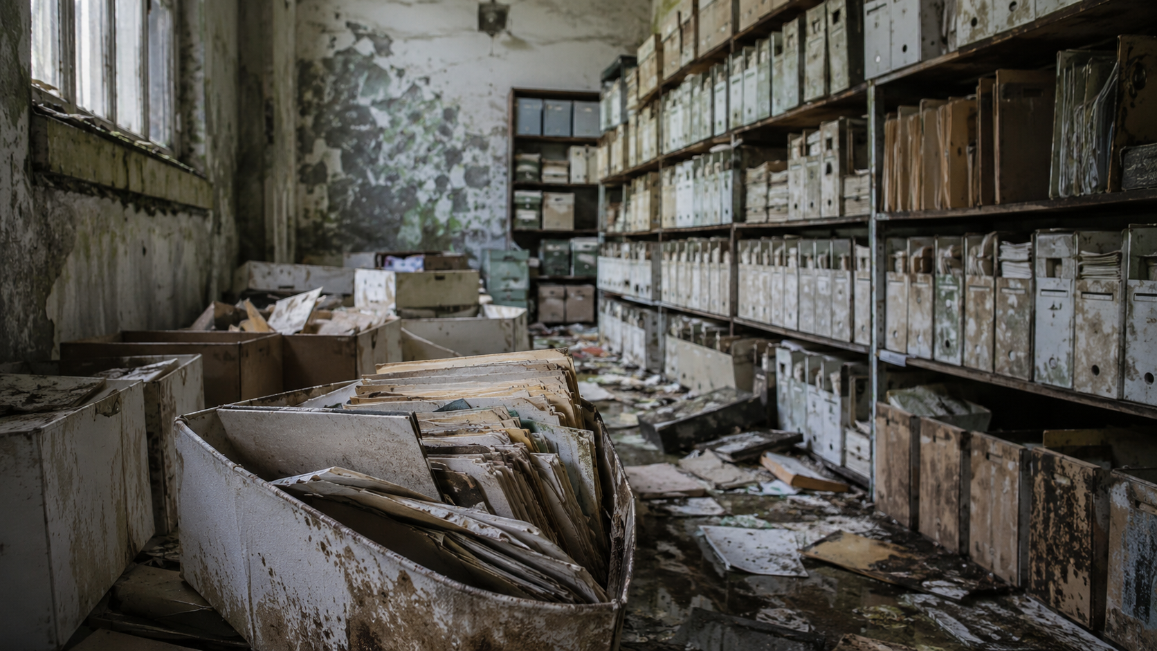 Vecchio archivio sanitario abbandonato con scatole di cartelle cliniche deteriorate, documenti sparsi e segni di muffa e umidità.