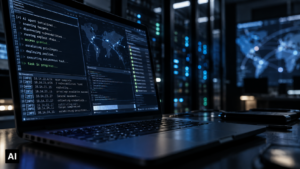 Laptop acceso in un ambiente tecnologico buio, con schermate che mostrano un agente di intelligenza artificiale impegnato in un attacco informatico autonomo, scansioni di vulnerabilità e connessioni di rete global