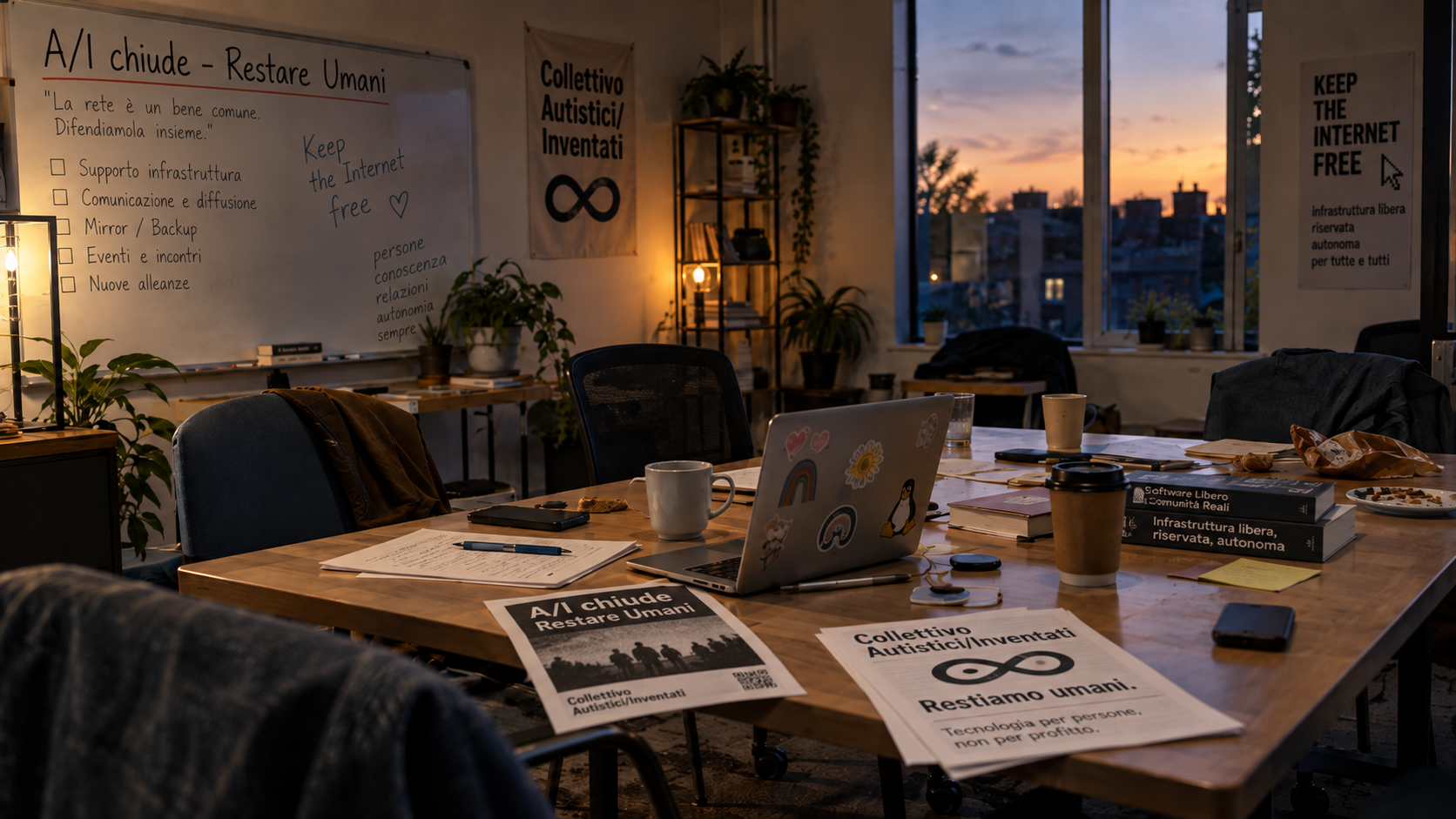 Sala del collettivo Autistici/Inventati dopo una riunione, con materiali “A/I chiude – Restare Umani”, laptop, documenti e tazze di caffè.