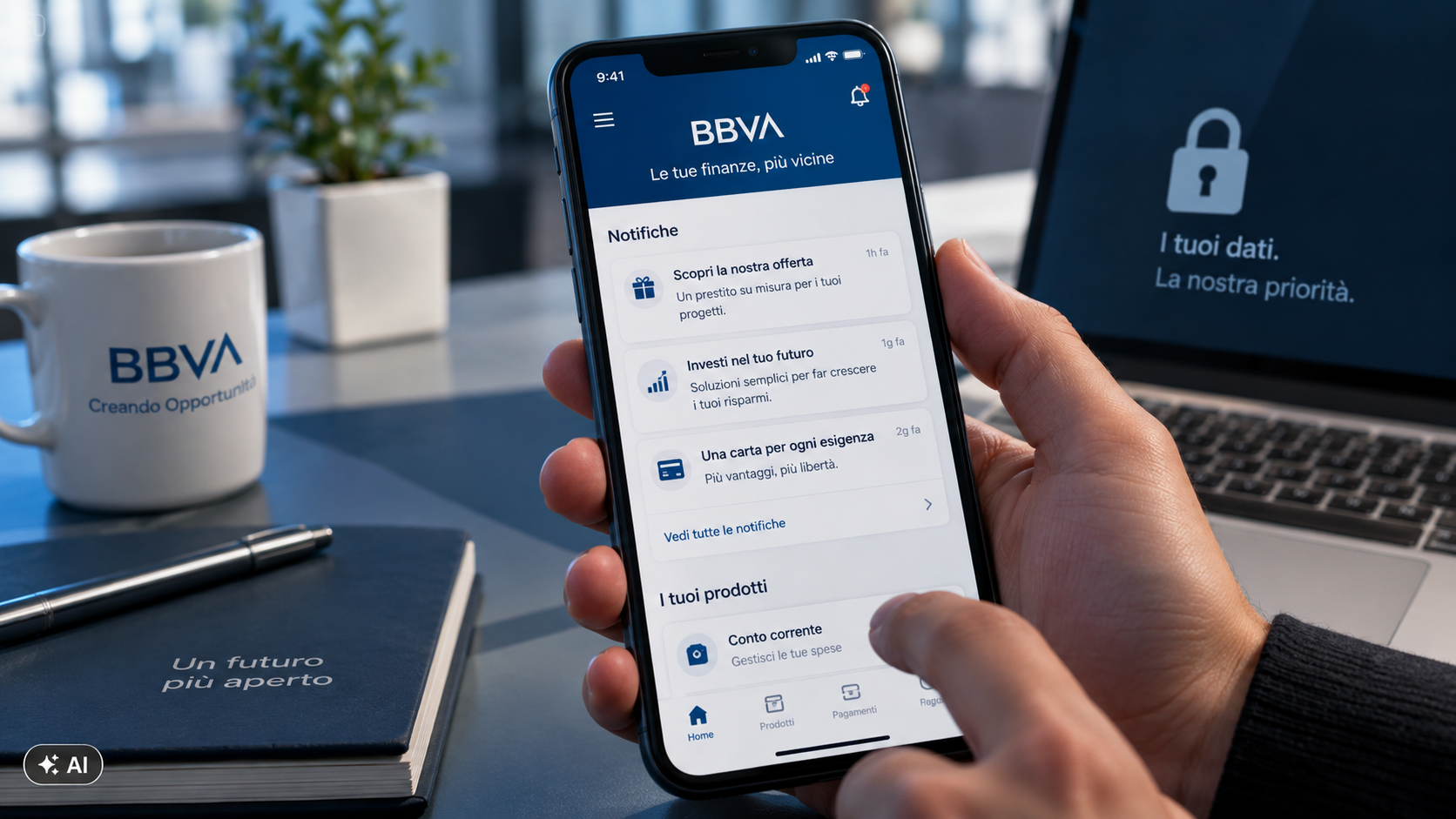 Smartphone con app BBVA aperta e notifiche promozionali, in un ufficio moderno, con riferimento alla privacy digitale.