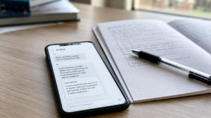 Smartphone con interfaccia di chat AI che genera una lettera di addio per un compito scolastico, accanto a quaderno e penna.