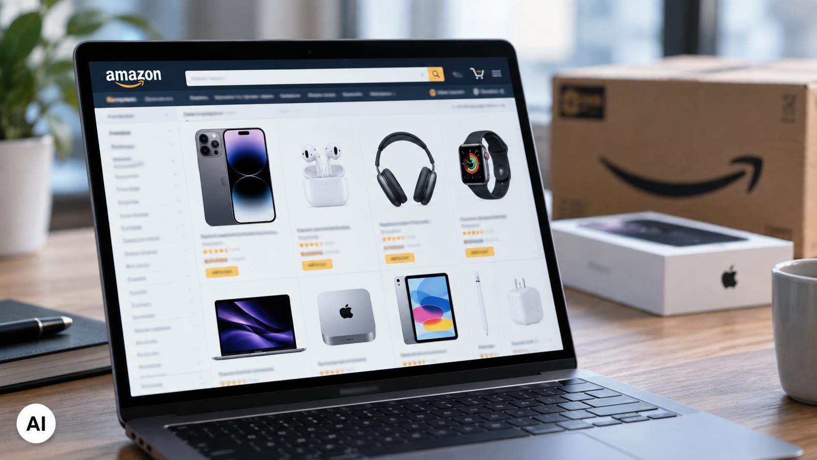 Laptop aperto su Amazon con prodotti Apple in vendita, tra cui iPhone, AirPods, cuffie e Apple Watch, con scatola Amazon sullo sfondo.