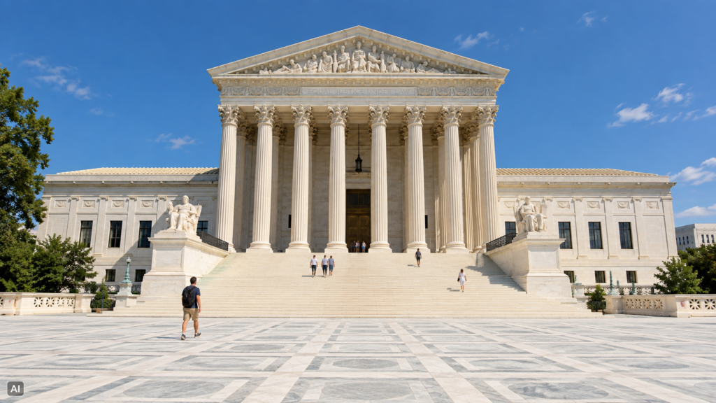 Corte Suprema degli Stati Uniti a Washington, sede della Supreme Court, con scalinata e colonne monumentali sotto il cielo azzurro, nel contesto del caso Apple.